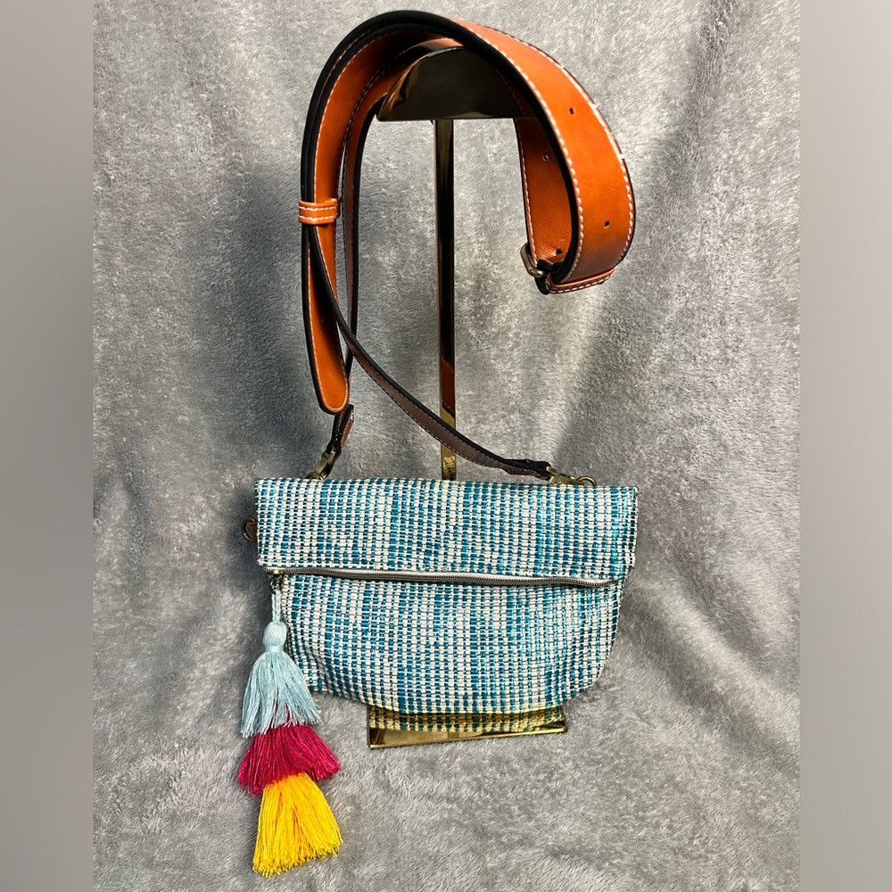 Teal Metallic Woven Crossbody or Wristlet Tassel Fold over Pouch❤️
